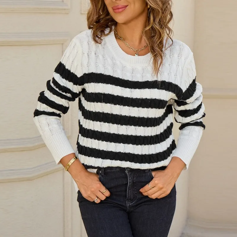 

Fashion striped knit pullover sweater casual loose Twists color matching long sleeve o-neck sweater knitwear women autumn winter