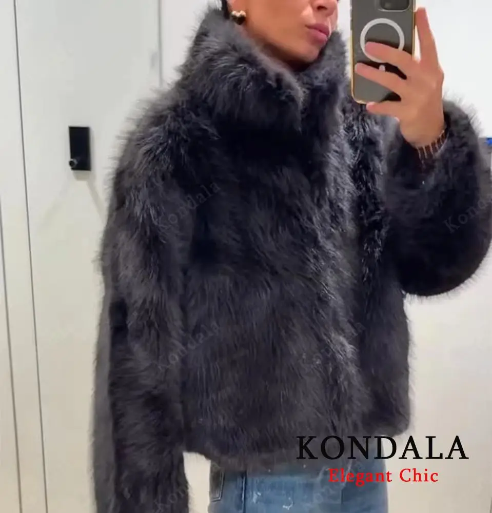 KONDALA الوقوف طوق الفراء سترة المرأة خريف شتاء أنيقة عادية فو الفراء سترة معطف 2025 موضة شارع العليا معطف السيدات