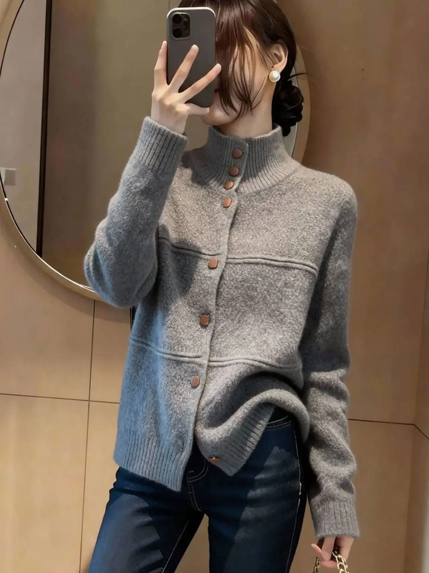 

Ele Long Sve Knitted Open Cardigan High Ne Warm Winter Sle Pure Color Camere Sweater Top for Women Commute Wear