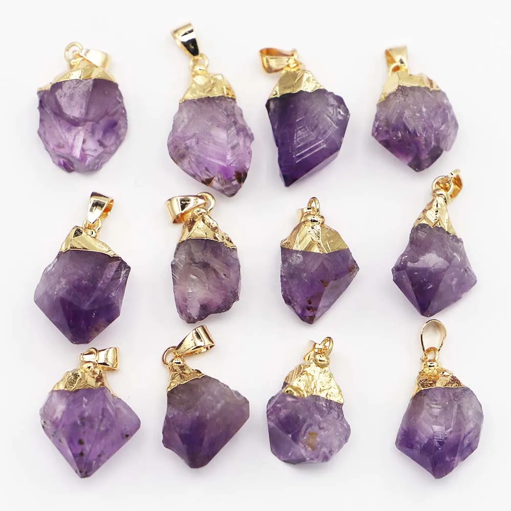 Natural Stone Amethyst Irregular Gold Pendant Fashion Reiki Charms Necklace DIY Jewelry Accessories Wholesale12Pcs Free Shipping