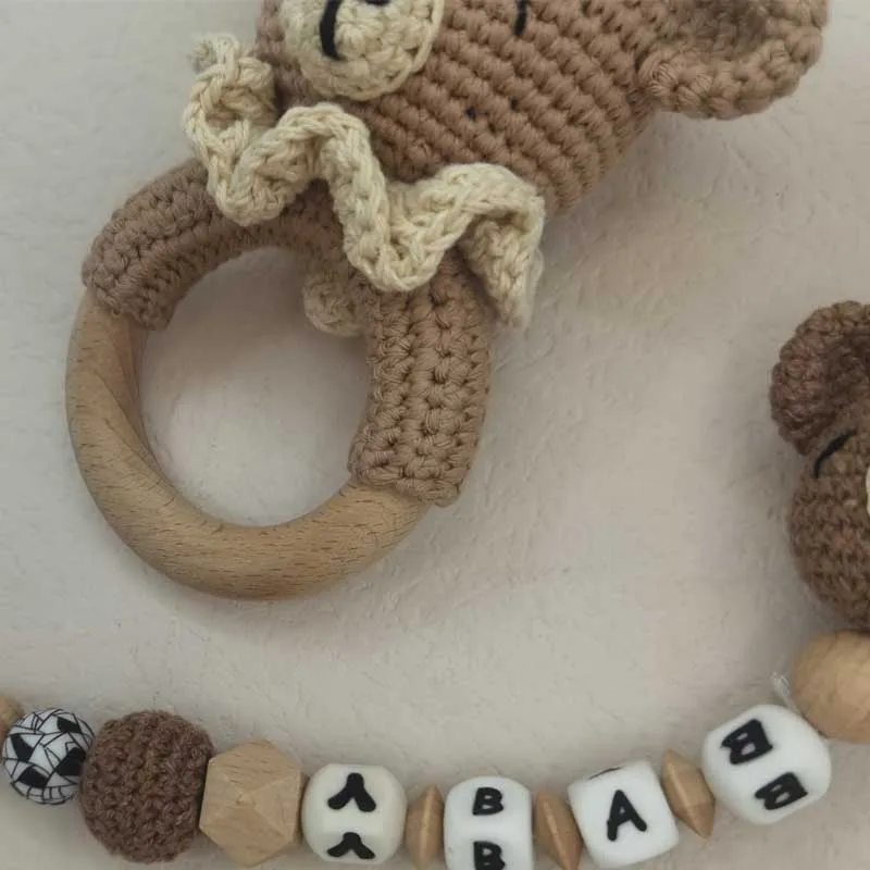 Baby Rattle Crochet Bear Teether Rattle With Bells Pacifier Chain Newborn Montessori Educational Toy Wooden Rings Baby Toys