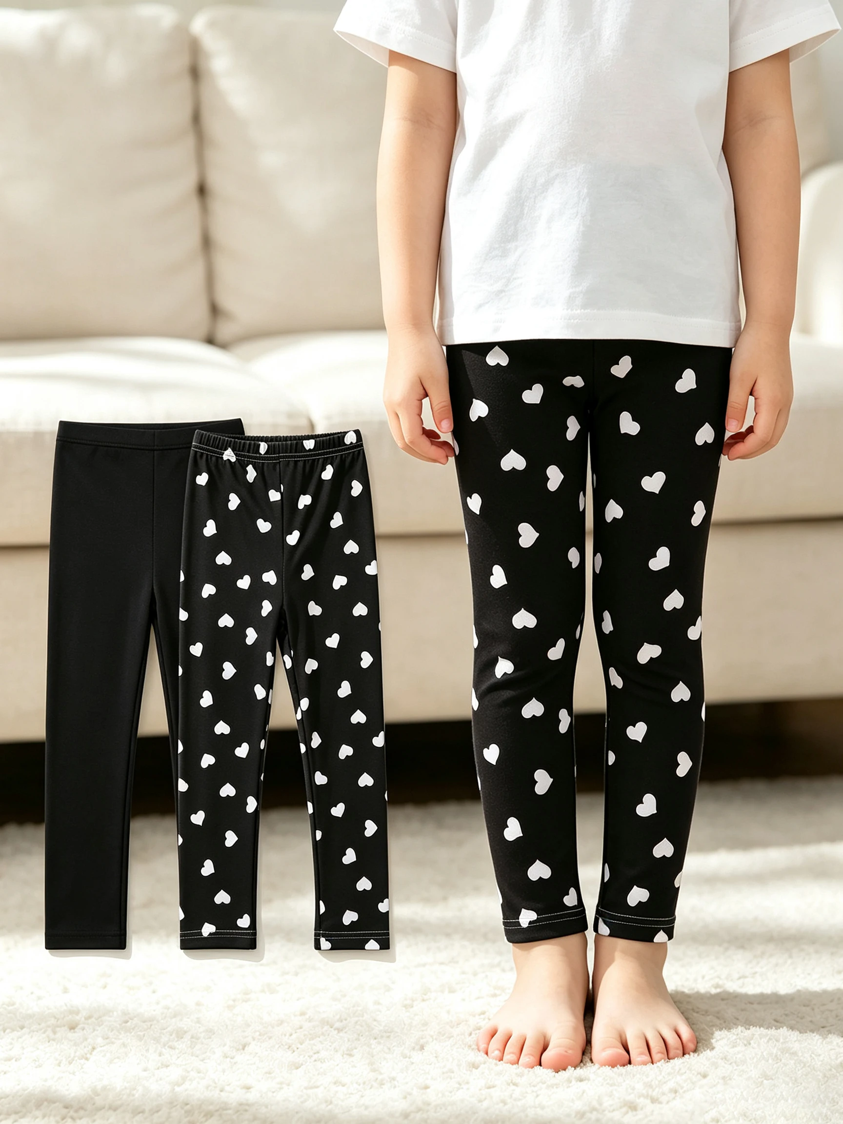 2 Paar Frühlings- und Sommer-Leggings für Mädchen, einfarbig, mit Herz-Aufdruck, weiche Stretch-Knöchelhose für Kinder, lässige Alltagskleidung, Kinderhose – Detail 1