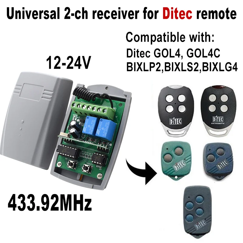 For DITEC Garage door 433.92MHz code rolling remote control receiver 2CH DC 12V-24V switch