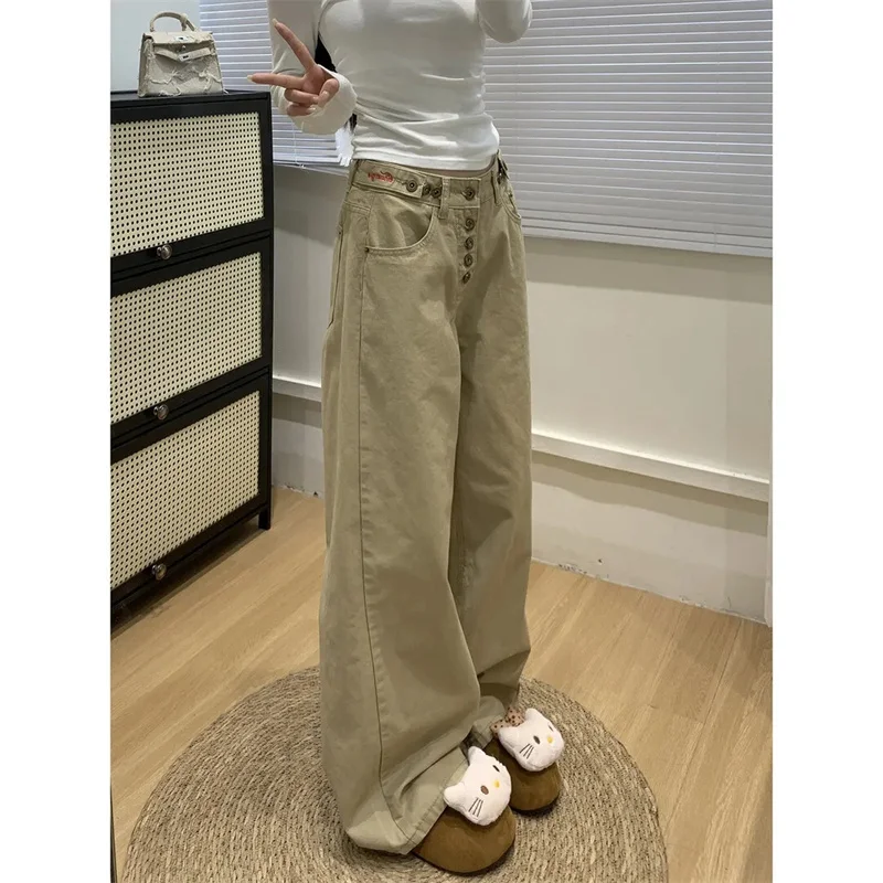 

American Women Casual Cowboy Trousers Femme Buckling Fixture Workwear Jeans Spring Autumn Ladies High Waist Wide Leg Denim Pants