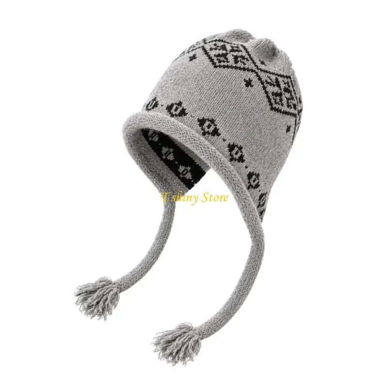 N58F Soft Fabric Earflap Hat with Fringed Side Ties for Winter Wear