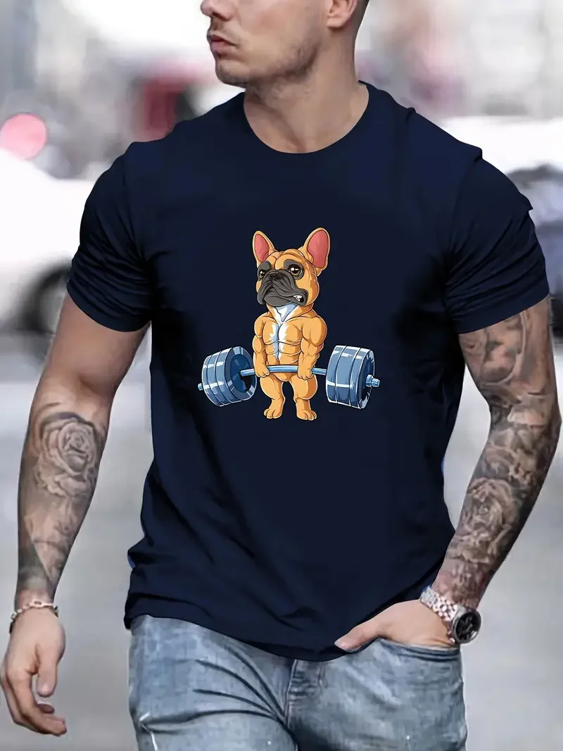 Anime Style Bulldog Weightlifting Print T Shirt, Tees For Men, Casual Short Sleeve T-shirt For Summer Men\'s Home Cloth