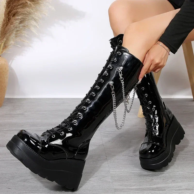 

Luxury Women Shoes New Platform Knee High Women Shoes Winter High Heels Riding Boots Fashion Trend Lace Up Wedges Zipper Boots