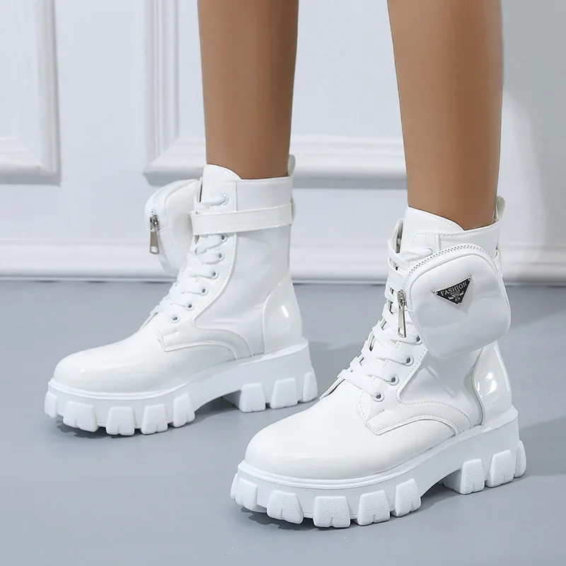 White Boots Winter Shoes Punk Snow Ankle Boots Goth Shoes Women Lace Up Belt Buckle Pocket Designer Shoes Women Plus Size 43