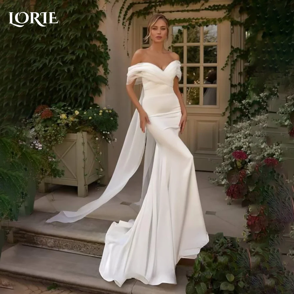 

LORIE Lace Beach Wedding Dresses Off Shoulder A-Line Satin Bride Gown Pleats Princess Bridal Dress vestidos de novia Customized