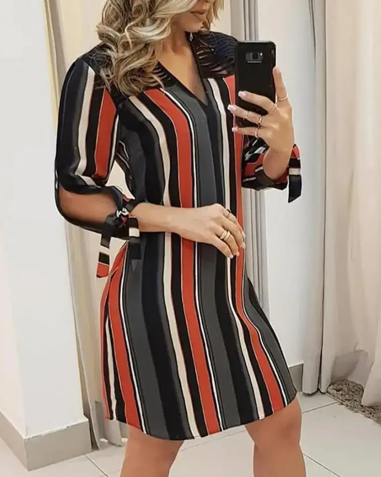 

Women's Dress Elegant Commuting Work Summer Casual Striped Print Cutout Tied Detail Long Sleeve V-Neck Straight Mini Shirt Dress