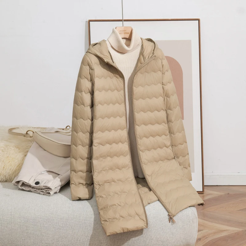 Schinteon Women's Lightweight 90% White Duck down Long Jacket with Hood Casual Autumn Winter High Qaulity Outwear Coat 2026 New
