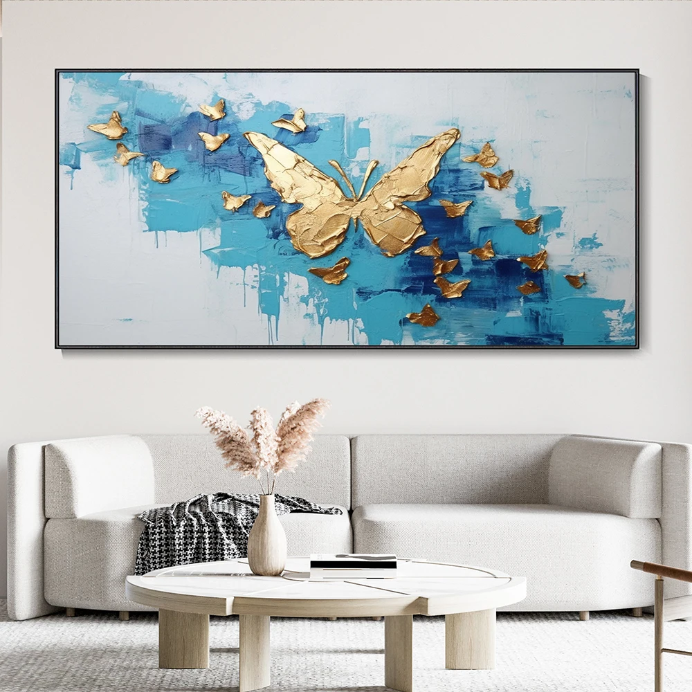 Hand Painted Oil Painting Large Canvas Golden Butterfly Animal Art Wall Decor Minimalist Modern Fashion Living Room Decor