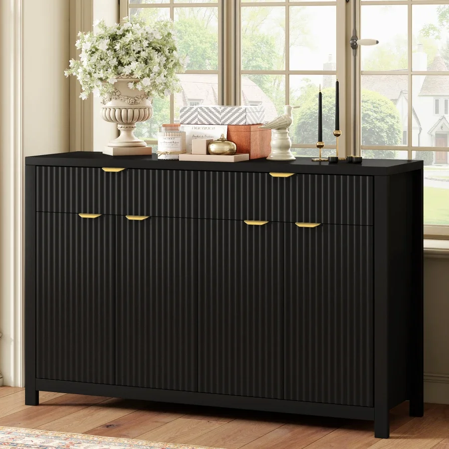 U_STYLE Modern 55.1'' Sideboard Buffet Cabinet with 2 Drawers and 4 Doors, Adjustable Shelves, Wave-Pattern Design, Aluminum Ha