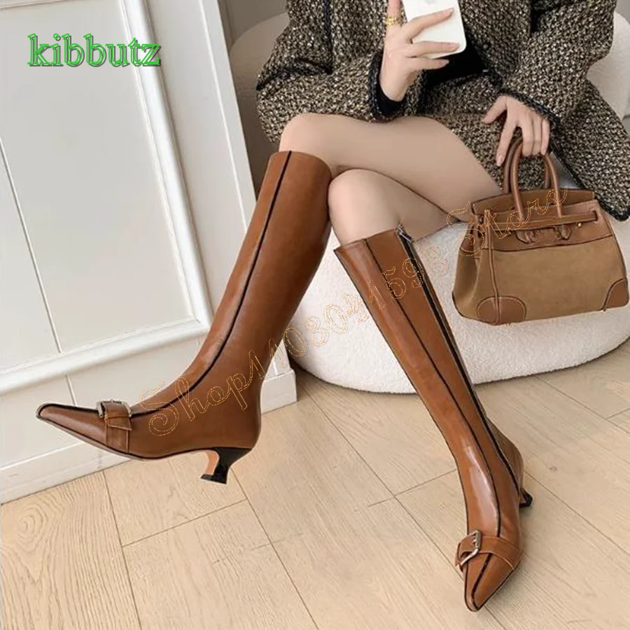 Klamra Skinny skórzany buty do kolan, damskie buty na szpilkach ze szpiczastym noskiem buty na wysokim obcasie zamek błyskawiczny 2024 nowe Zapatos
