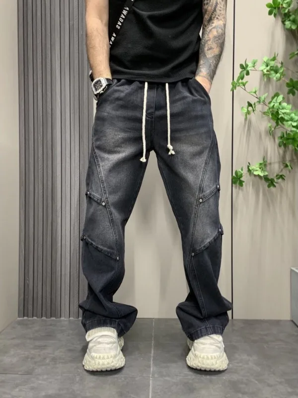 

Американские свободные джинсы прямого кроя для мужчин, весенне-осенние повседневные брюки с эластичной резинкой на талии, модные и универсальные