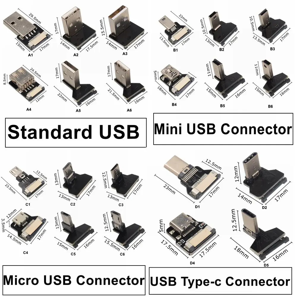 DIY 90 Degree FFC Type-C Mini Micro USB Connectors Extension Ribbon Converter FPV Slim Flat Soft Flexible FPC Charge USB Adapter