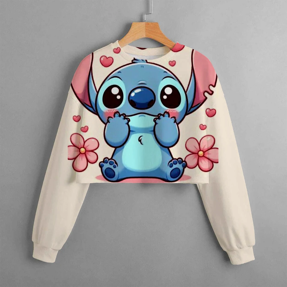 Girls Hoodie Casual Cartoon Anime Fun Print Children\'s Top Spring and Autumn Disney Lilo&Stitch Girls\' Short Round Neck Sweater