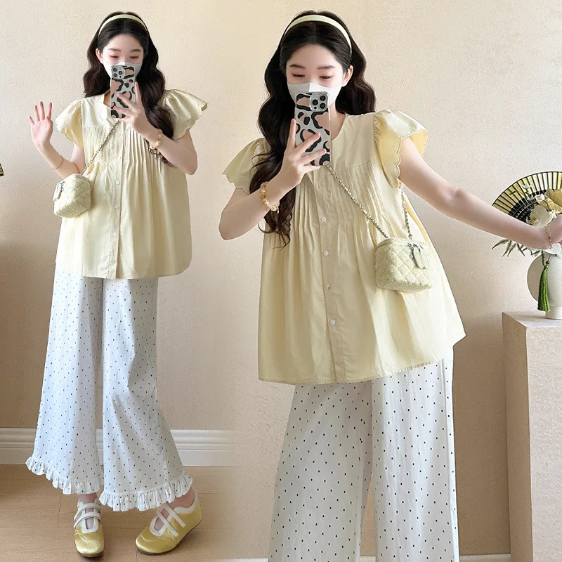 Maternity Suit Summer Sweet Cute Breathable Ruffle Sleeve Blouse and Polka Dot Wide Leg Pants Two Piece Set For Pregnant Women