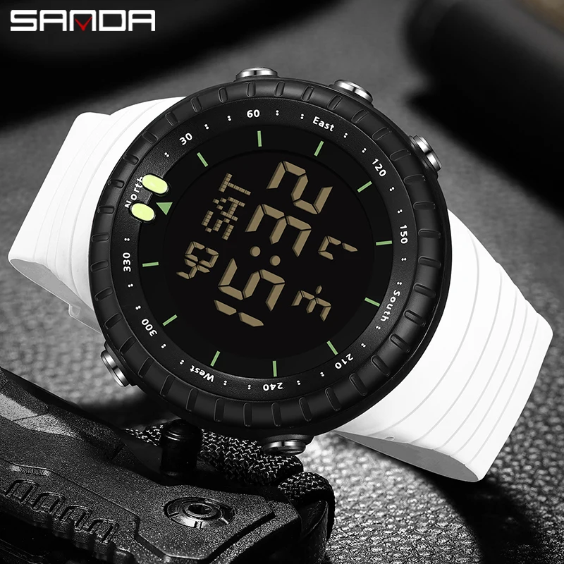 SANDA jam tangan elektronik Digital LED pria, arloji olahraga luar ruangan dengan fitur Alarm tahan air Chronograph