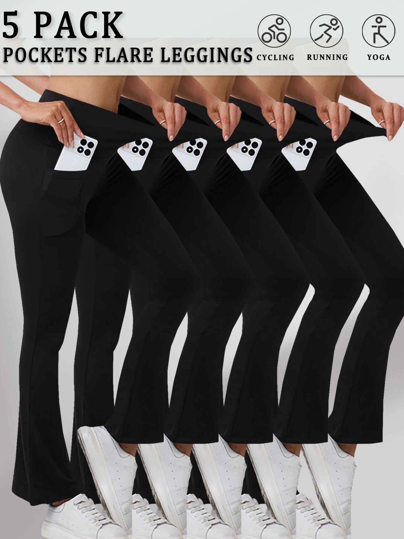 

5 Pack Women's Super Soft Flare with Pockets High Waisted Tummy Control Workout Yoga Push Up Gym Fitness Leggings Bell Bottoms