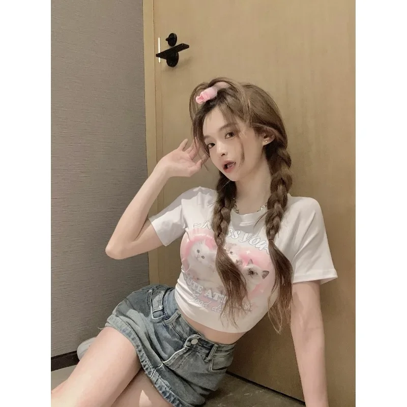 Cute Cat Printing White Short Sleeves T-shirts Women's Summer 2024 New Slims Smooths Silhouette Cropped Spicy Girl Versatile Top