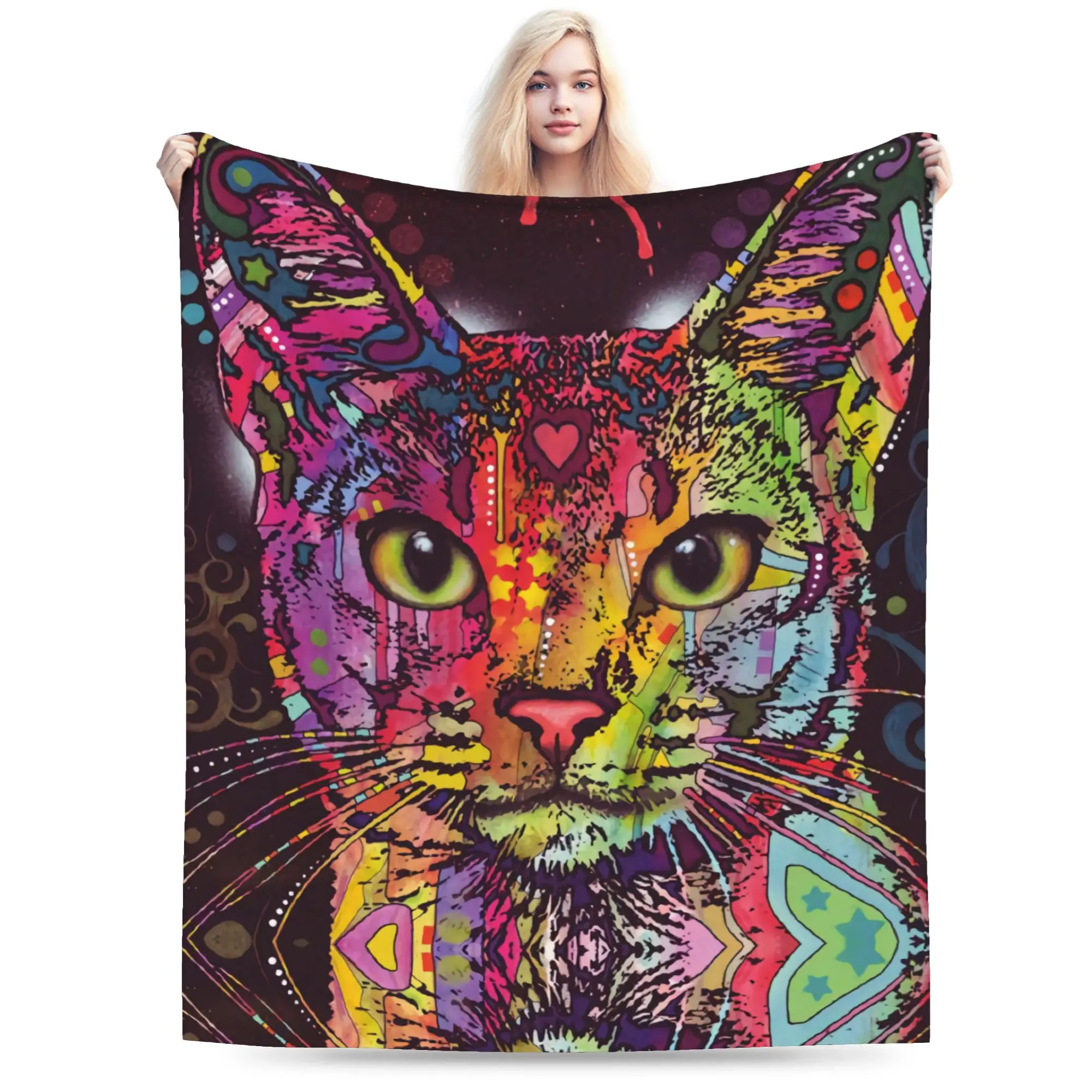 Custom 3D Print Confident Cat Blankets Breathable Soft Flannel Winter Painter Animal Throw Blanket for Sofa Home Bedroom