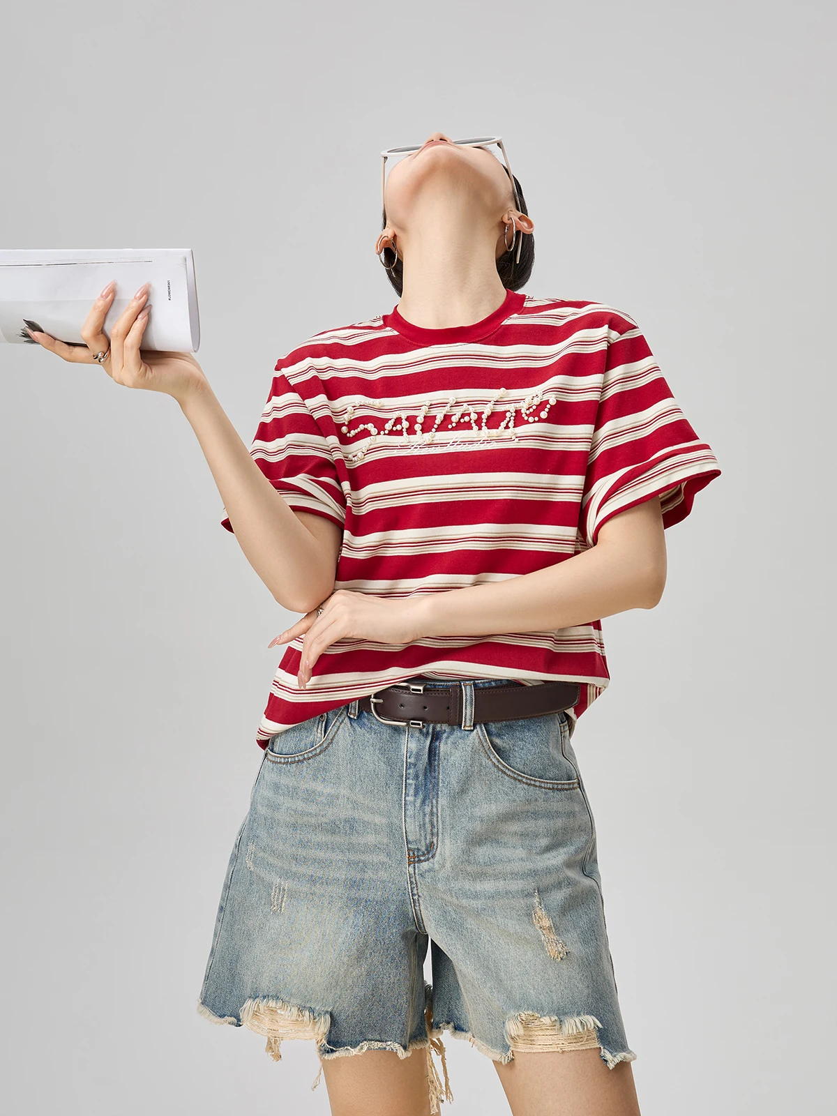 Red Stripe Beaded ort Sve T-irt Summer New Women's Unique Super Beautiful Single Wear Casual Loose Polyester Blend