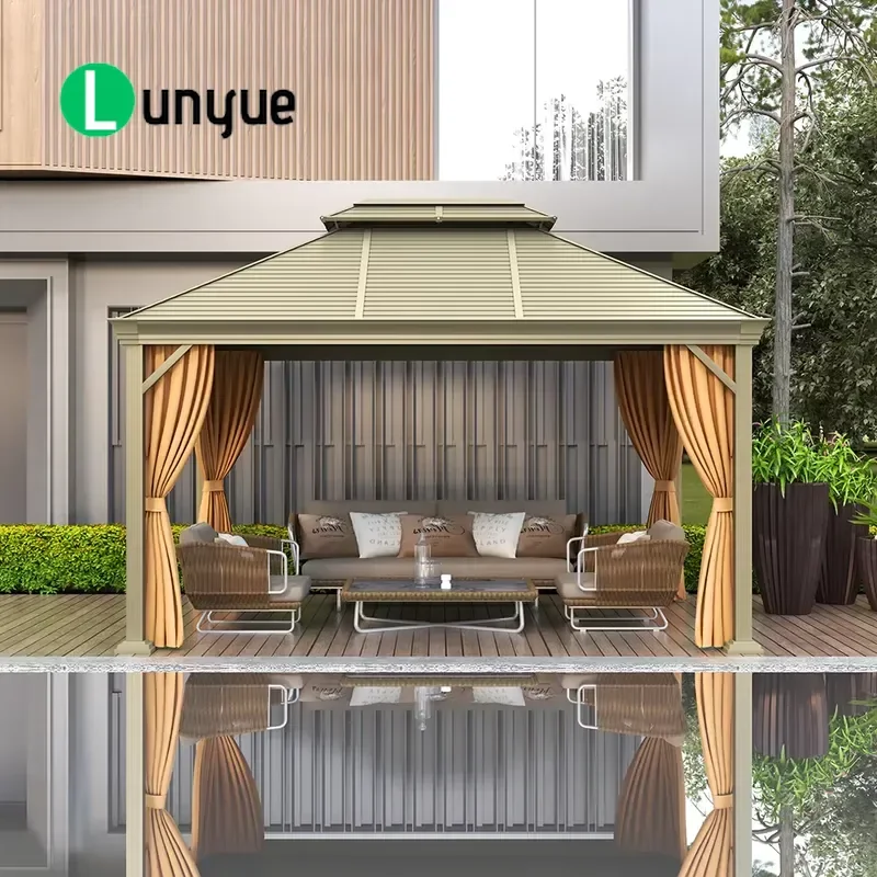 Modern Gold Frame Outdoor Pool Gazebo 3x4m Hard Top with Gutter Anti-corrosion Waterproof Patio Garden Canopy Shelter