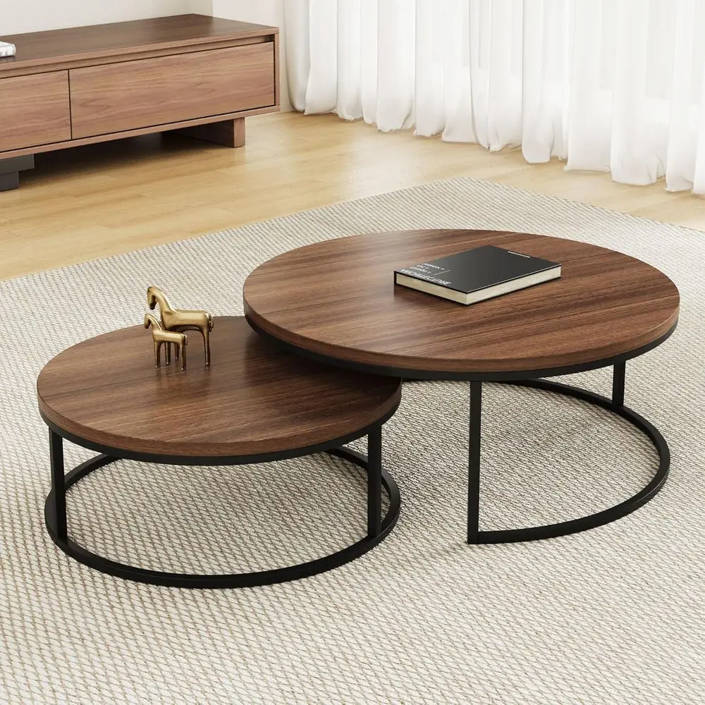 

Walnut Nesting Coffee Table Set with Black Metal Legs, Easy Assembly, 31.5/23.7 Inches, Ideal for Living Rooms, Bedrooms, and Lo