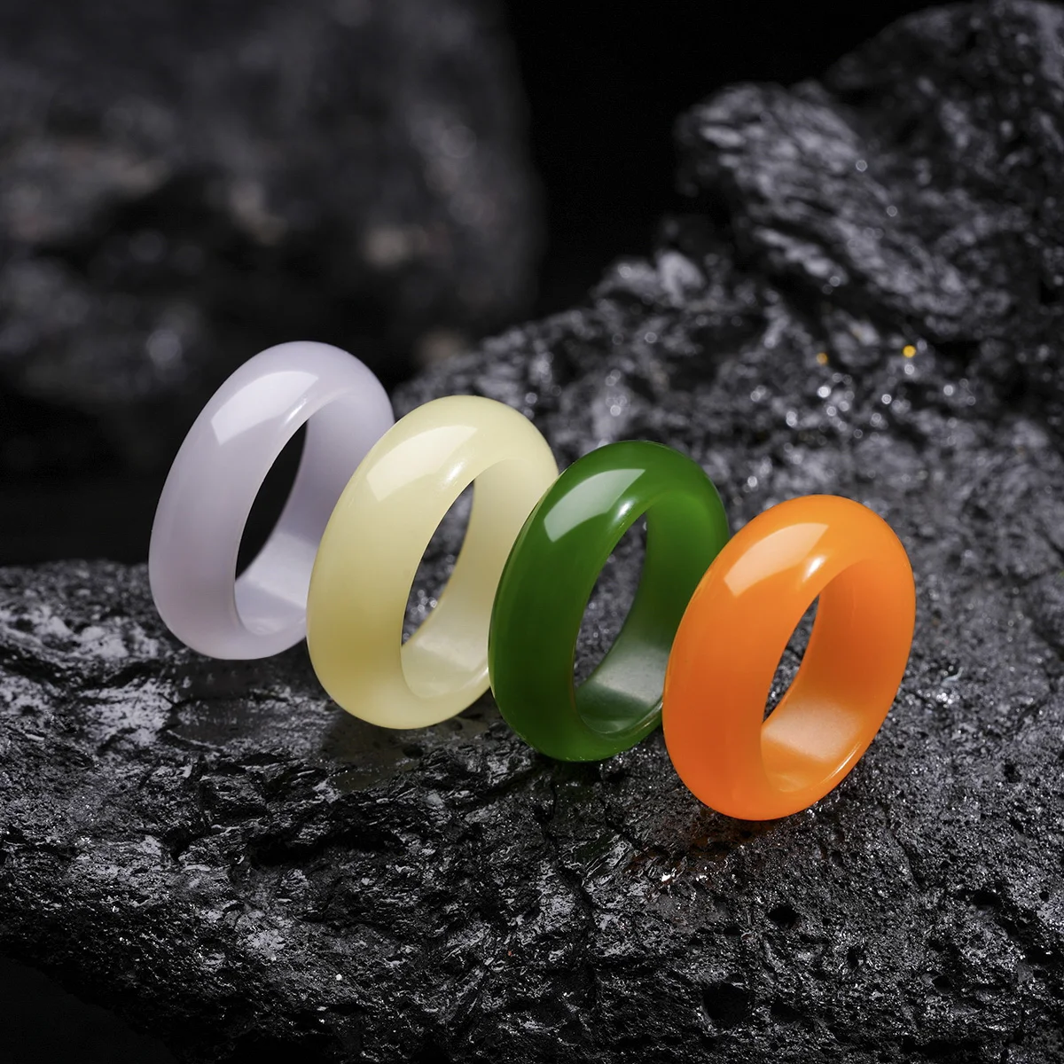7.5mm Natural Jade Gemstone Ring Unisex Men Women Plain Green Yellow Purple Fengshui Lucky Wedding Band Promise Thumb Ring