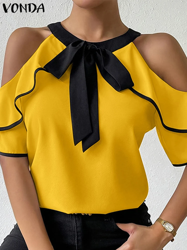 

Elegant Blouse VONDA 2025 Summer Women Chiffon Short Sleeve Cold Shoulder Tops Patchwork Lace-Up Blusas Casual Ruffled Tunics