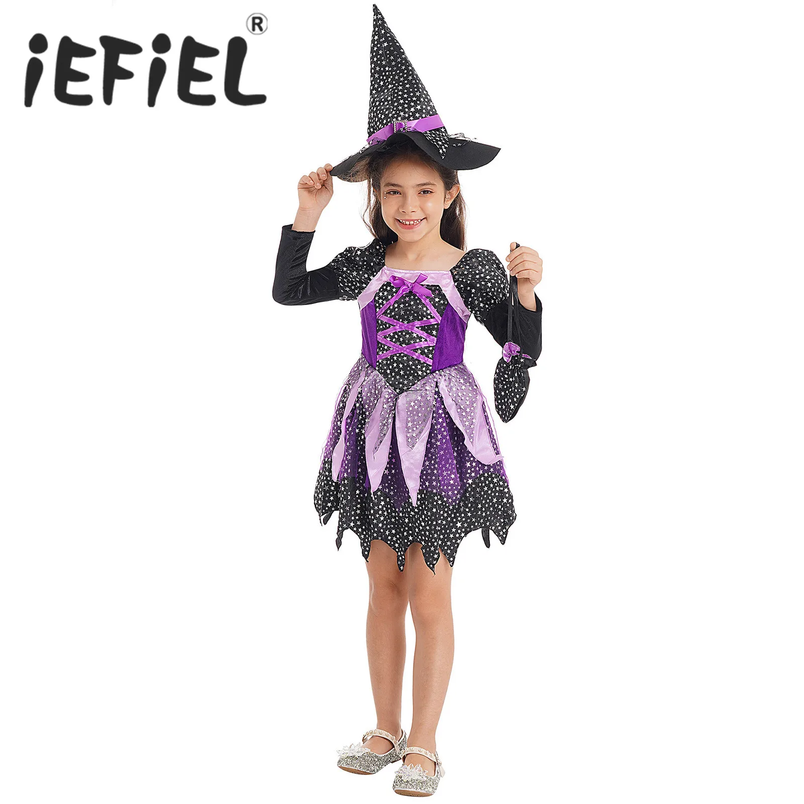 

Kids Girls Witch Costume Halloween Carnival Party Cosplay Tutu Dress with Candy Bag and Hat Suit for Themed Roleplay Dress Up