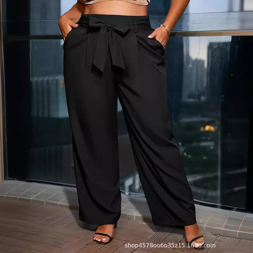 

Women's plus Size Casual Wide-leg Pants Bow Lace-up All-match European American Fashion Workplace Trousers
