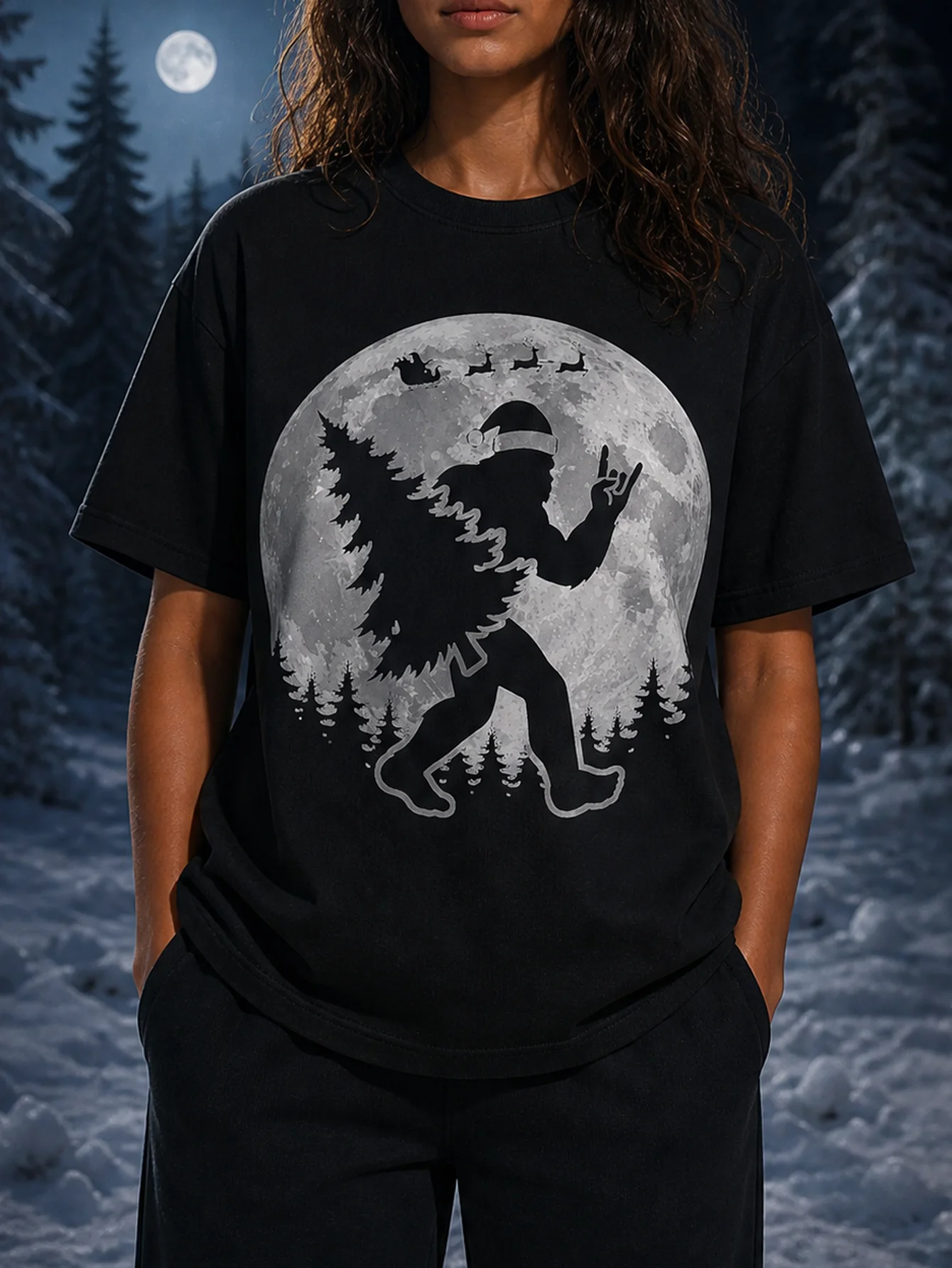 Funny Sasquatch Christmas Moon Graphic Tee Short Sleeve Crew Neck Soft Relaxed Fit Top for Men