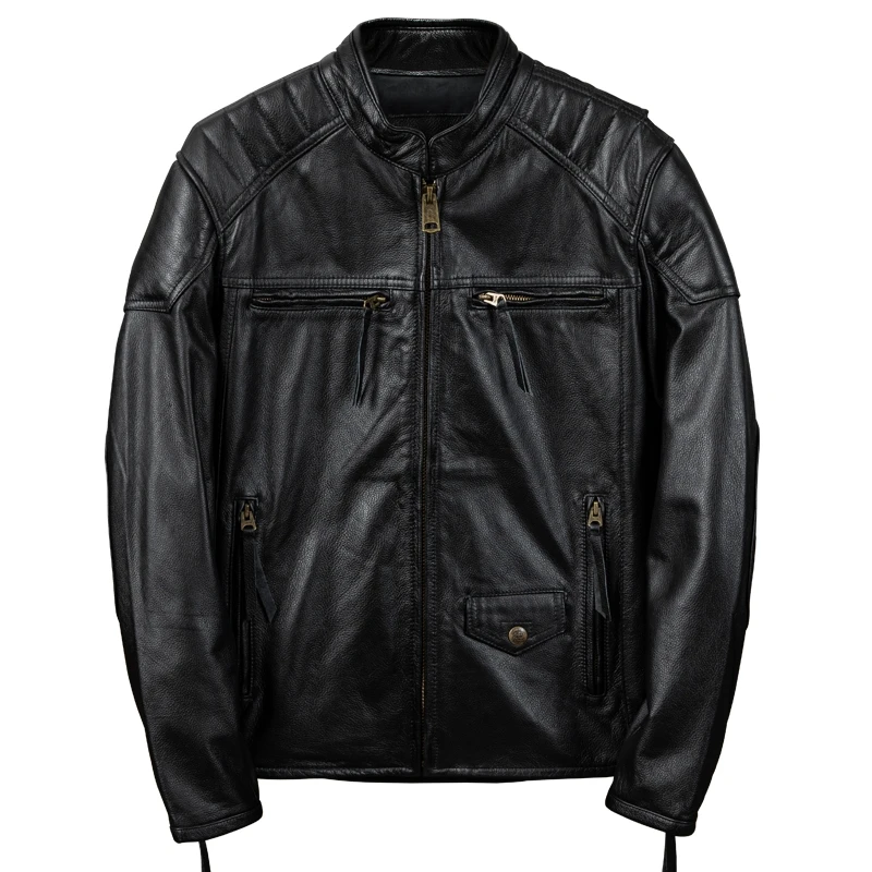 Black Autumn Leather Jacket Men Stand Collar Plus Size 5XL Natural Cowhide Genuine Leather Coat