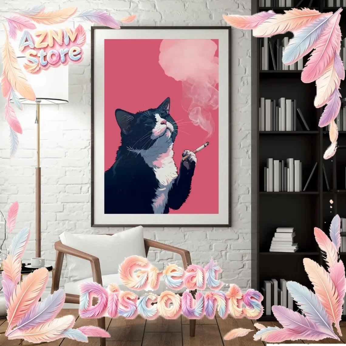 Black Cat Pink Smoking Painting - Black Cat Pink Poster, Printable Wall Art Digital Download, Home Decor, Kitchen Decor, Inst