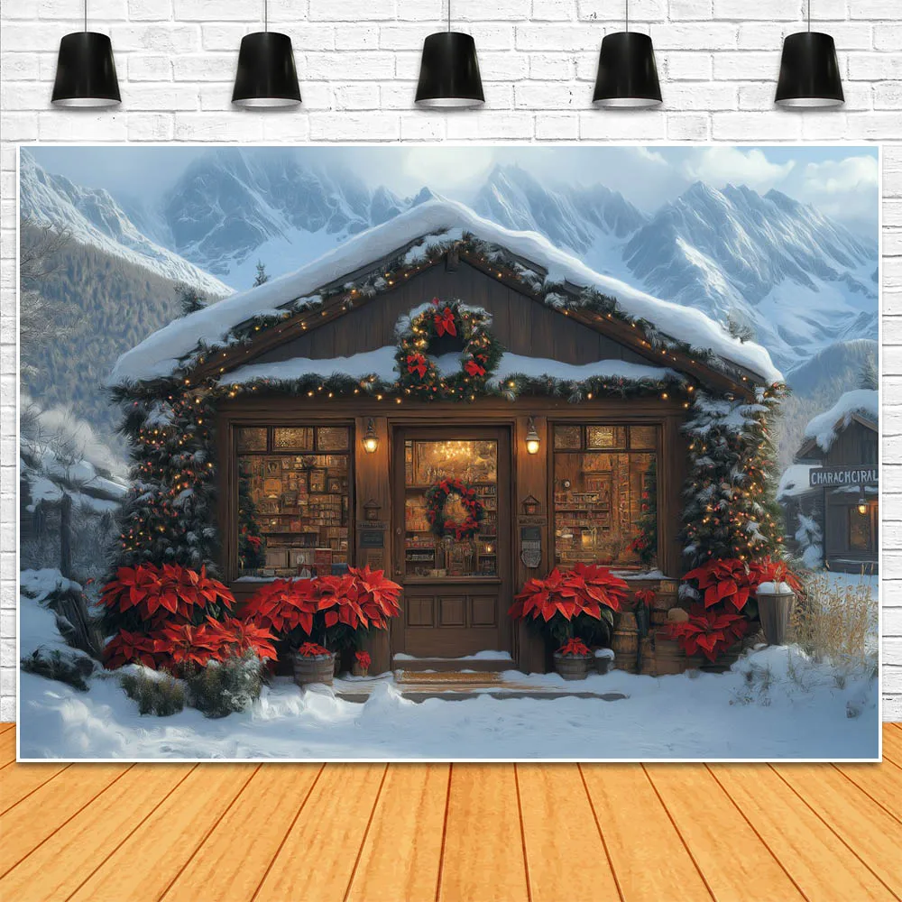 Mocsicka Winter Christmas Backdrop for Photography Snow Mountain Xmas Wooden House Outdoor Forest Portrait Photo Background Prop