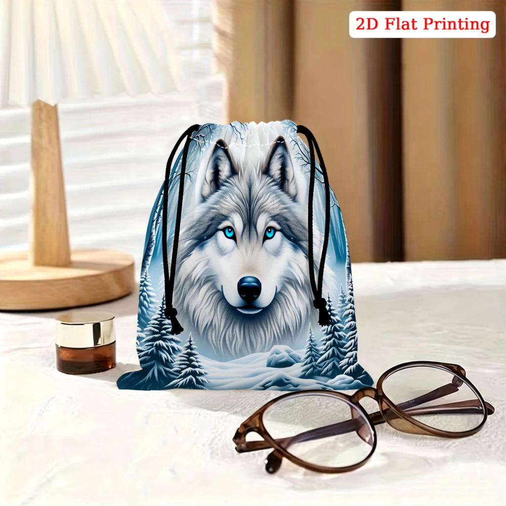 1Pc Wolf Pattern Drawstring Bag Blue White 2D Flat Printing Storage Small Pouch For Travel Gym Sports Accessories Organizer Unis
