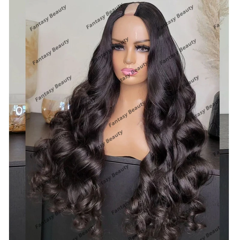 Natural Black Women Human Hair Wigs with Clips 1x4 Opening U Part Adjustable Wigs Body Wave Long Virgin Hair Full Ends Easy Wear