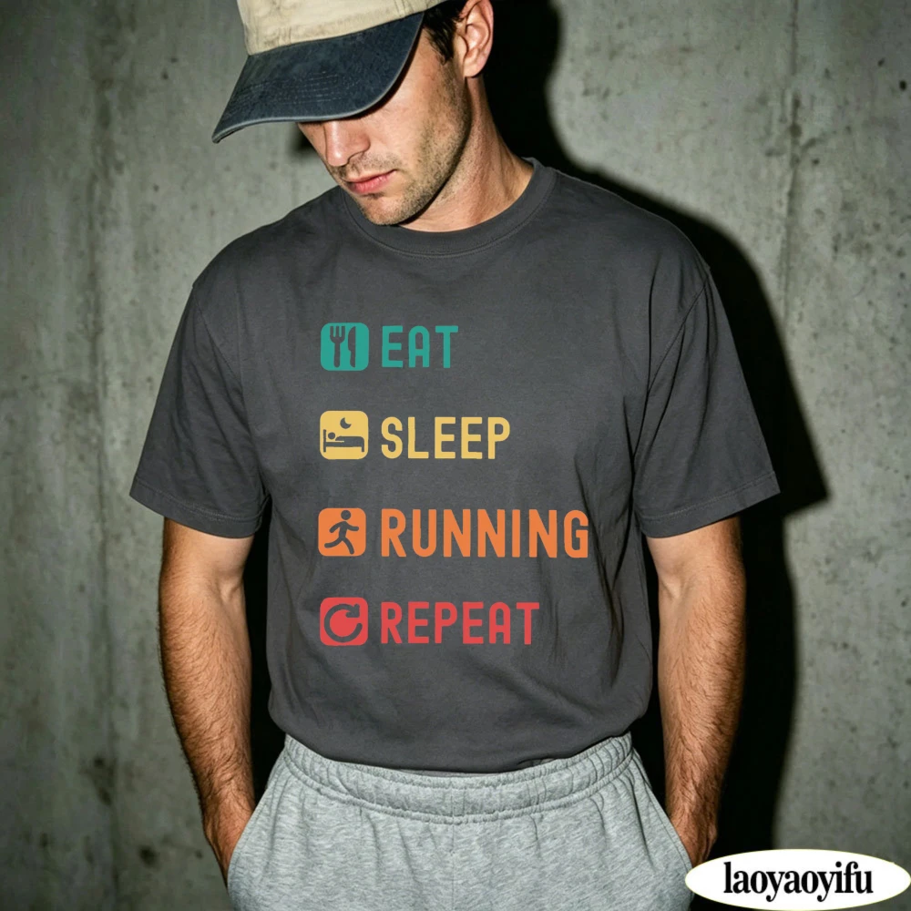 Fitness Graphic Tee Multicolor Icon Eat Sleep Running Repeat Slogan Typography Print Men T Shirt Summer Streetwear Clothes