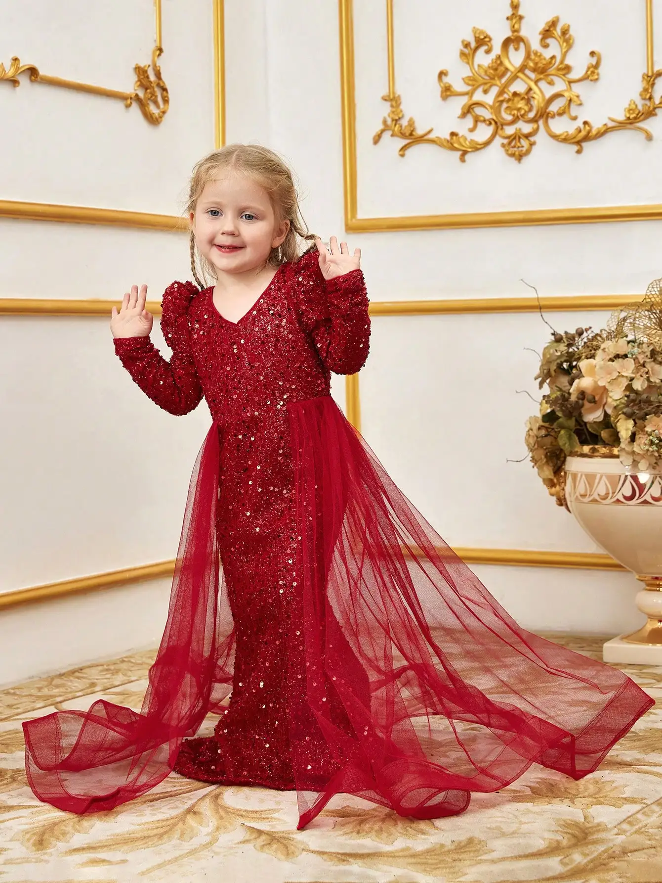 Vネックのレッグオブマトン袖メッシュとスパンコールのフラワーガールドレス