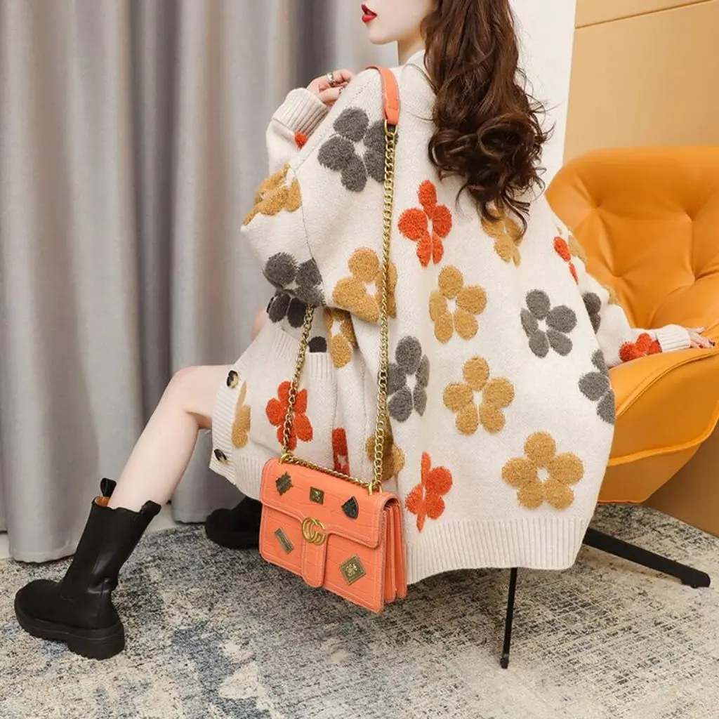 

Women's Mid-Length Knitted Cardigan Autumn Winter Korean Style Towel Embroidered Jacquard Flower Casual Lazy Style Jacket