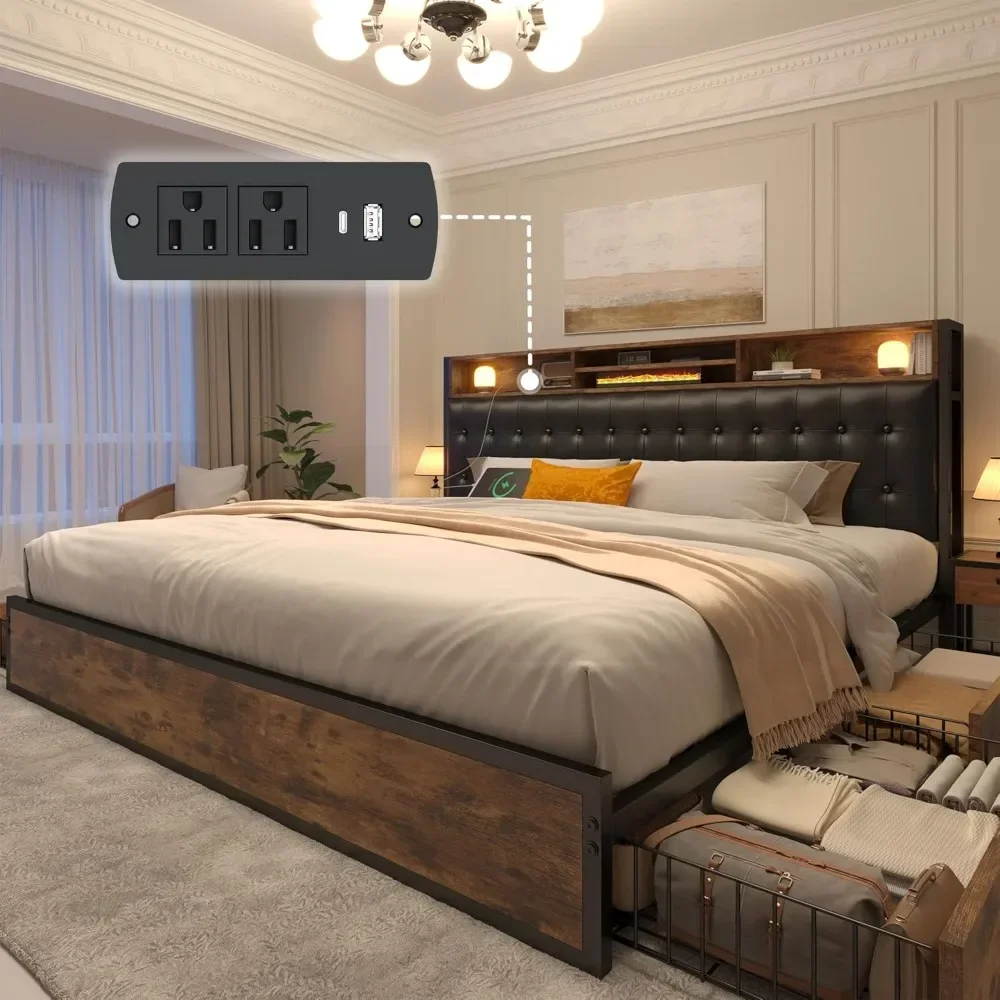 

King Size Bed Frame with 4 Storage Drawers King Bed Frame and Headboard Upholstered King Size Bed Frame with Charging Station