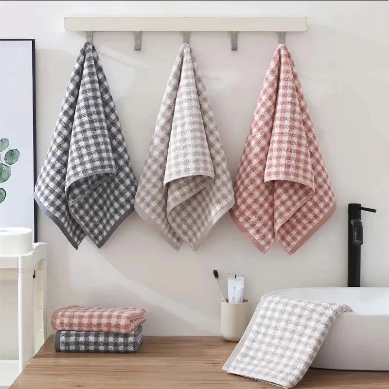 

Small Plaid Towel Japanese Style Unprinted Cotton Quality Plaid Towel Terry Soft Bathroom Simple Plaid Strong Absorption