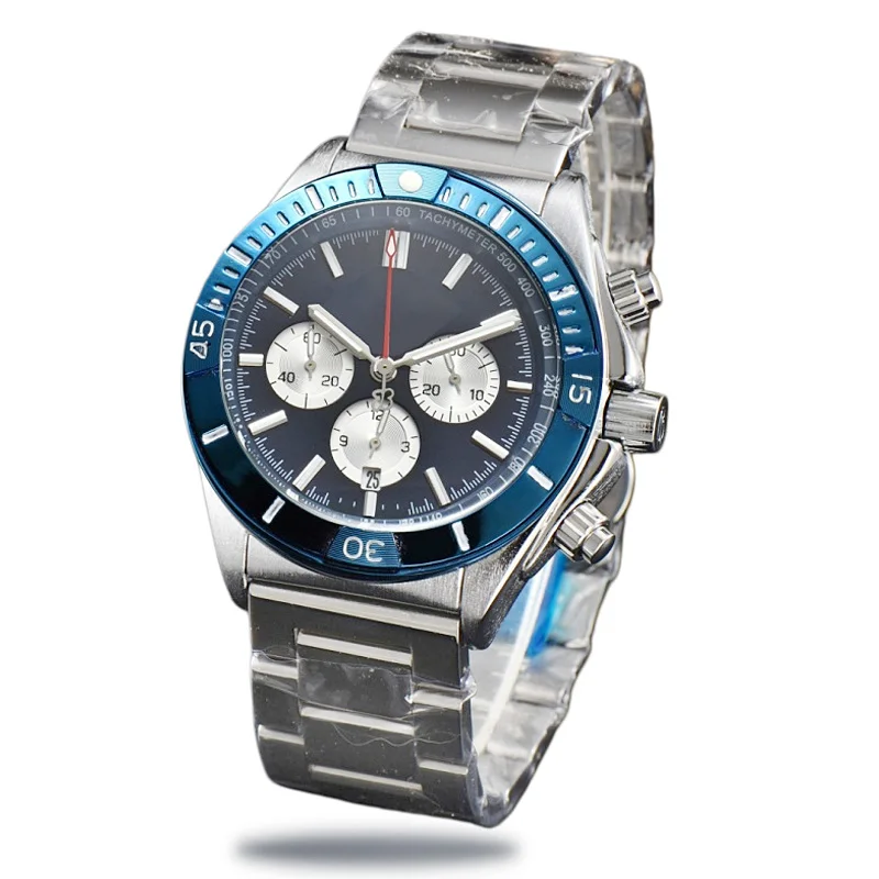 Montre chronographe à quartz pour homme, boîtier en alliage d'argent poli, avec accent en or rose en option, lunette tachymètre, échelle, affichage de la date, bracelet en acier inoxydable, montre-bracelet pour homme pour sports de plein air