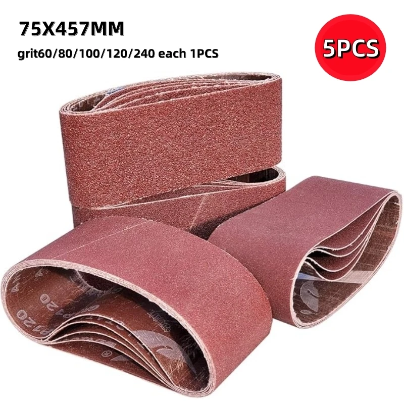 

5 смешанных наборов пескоструйных лент (75x457 мм), зернистость 60 80 100 120 240, используется для шлифовки и полировки кожи, металла и дерева.