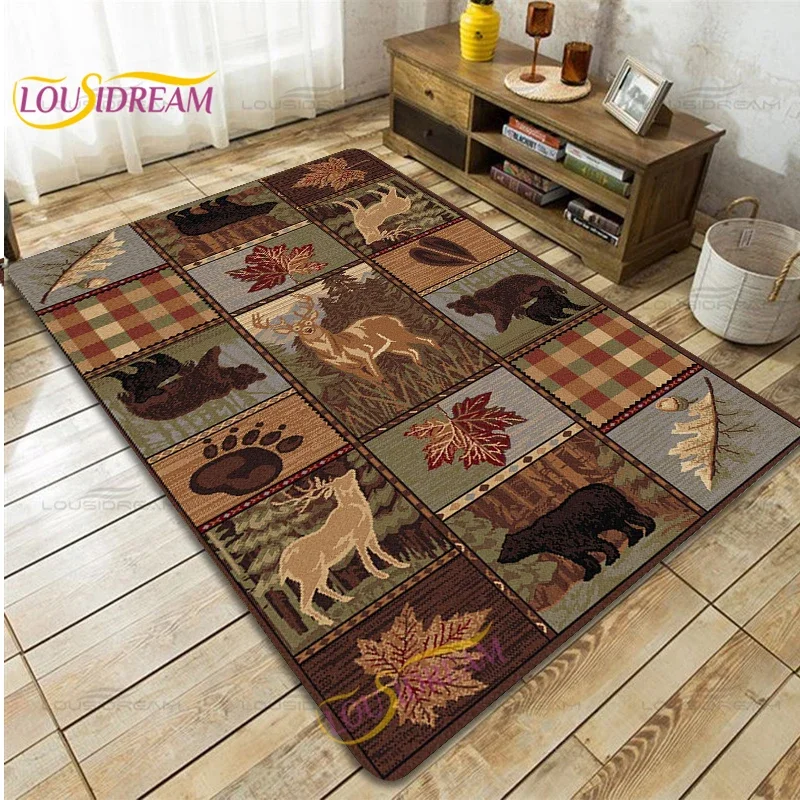 Country Style Farmhouse Lodge Bear Moose Deer Soft Rug Square Flannel Home Rug Vintage Home Living Room Floor Mats Bedroom Rug