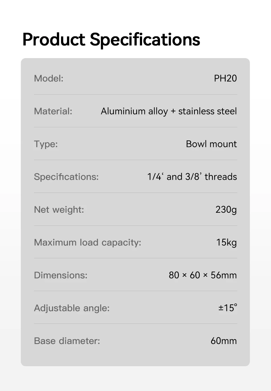 COMAN PH20 Stativkopf aus Aluminiumlegierung mit Schnellverschluss und 1/4" 3/8" Schraube für Sony Canon Nikon DSLR-Kameras – Detail 6
