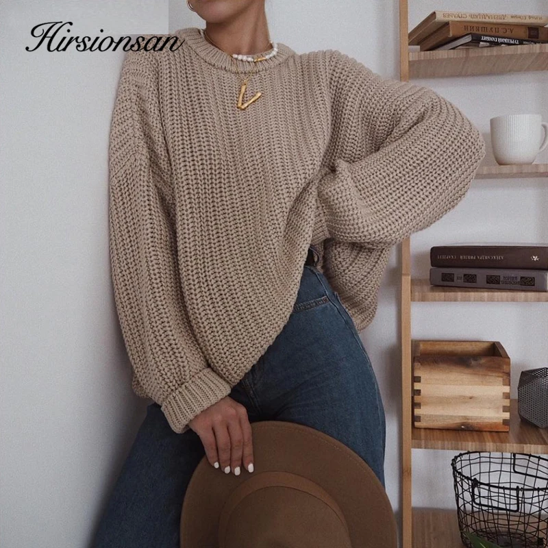 Hirsionsan Loose Autumn Sweater Women 2023 New Korean Elegant Knitted Sweater Oversized Warm Female Pullovers Fashion Solid Tops