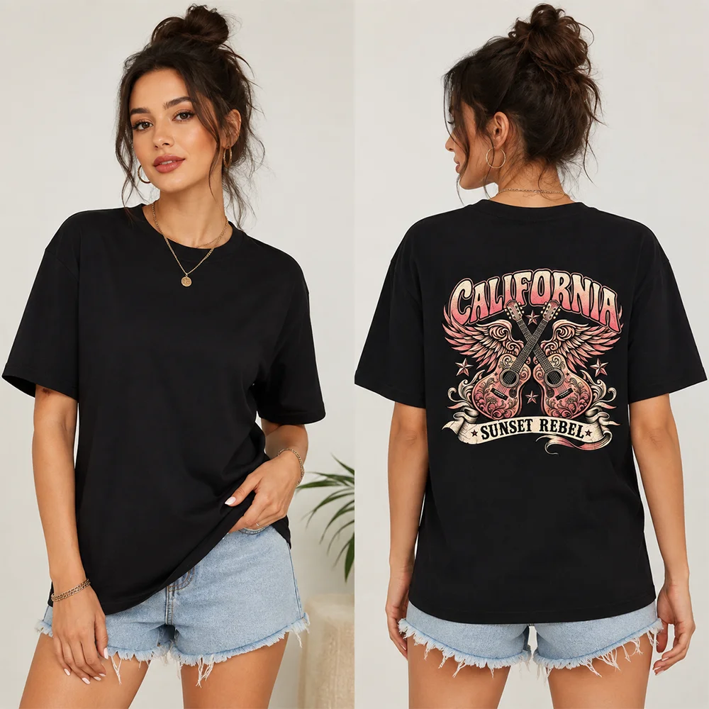 Vintage California Sunset Rebel T Shirt Pink Rock Guitar Graphic Tees Black Oversized Loose Cotton Short Sleeve Tops Women Y2K